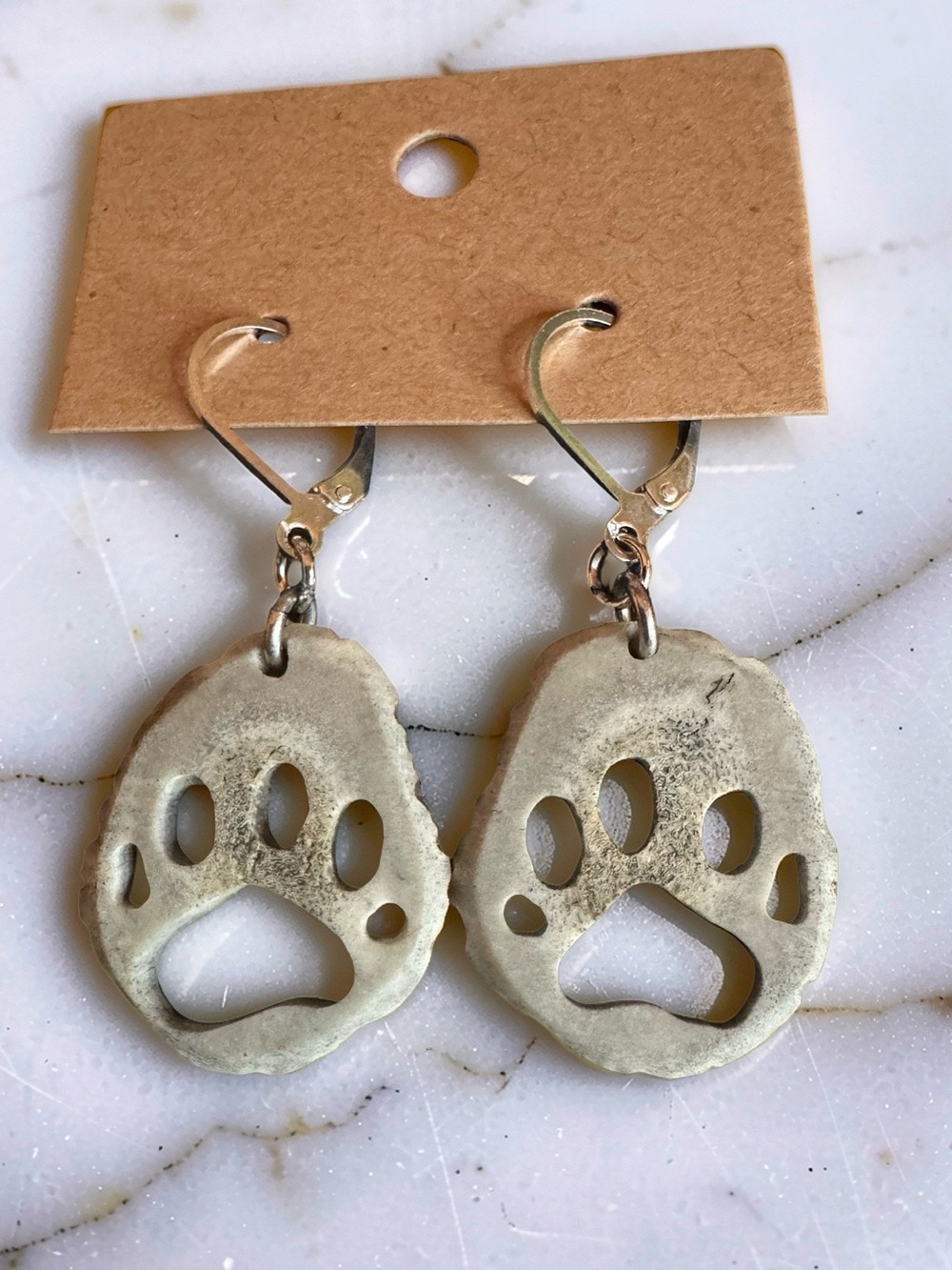 Carved Antler Slice Paw Print Earrings